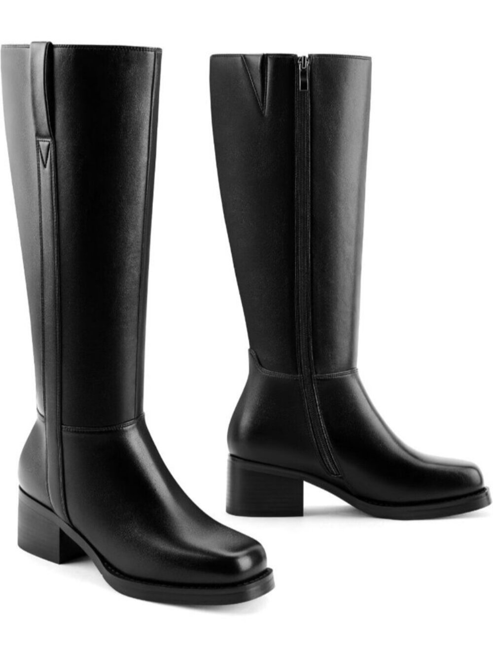 Women's Black Knee High Boots Square Toe Platform Chunky Low Heel Tall Boots - Picture 6 of 6
